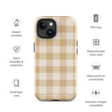 A Gingham Grace for iPhone by Statement Cases is covered with a protective case featuring a beige and white checkered pattern. The case's design includes a matte finish, dual-layer protection with an impact-resistant polycarbonate exterior and TPU lining, and the text "Statement Cases" printed near the bottom. The phone's cameras and buttons are visible.