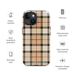 A Neutral Heritage Tartan for iPhone by Statement Cases with a plaid-patterned, impact-resistant polycarbonate case featuring beige, black, white, and red stripes. The durable phone case has the text "STATEMENT CASES" written at the bottom. The phone boasts a triple camera setup with an additional sensor and flash.