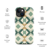 A Smartphone with a durable Old World Mosaic for iPhone case by Statement Cases showcasing a geometric pattern in shades of green, beige, and white. The symmetrical, angular designs create an almost star-like appearance. The impact-resistant polycarbonate construction ensures protection while the camera lenses remain visible at the top left corner.