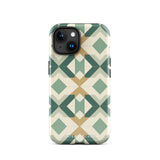 A Smartphone with a durable Old World Mosaic for iPhone case by Statement Cases showcasing a geometric pattern in shades of green, beige, and white. The symmetrical, angular designs create an almost star-like appearance. The impact-resistant polycarbonate construction ensures protection while the camera lenses remain visible at the top left corner.