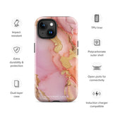 The Gold Blush Marble for iPhone showcases a glossy, marble-patterned case in shades of pink and gold. The decorative design features swirling patterns, seamlessly blending the colors. Crafted with impact-resistant polycarbonate for superior phone protection, "Statement Cases" is written in white at the bottom.