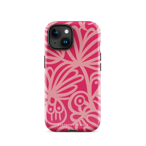 Introducing the Zafiro Rosa for iPhone by Statement Cases: a smartphone case featuring abstract floral and leaf patterns in various shades of pink. This dual-layer protection case combines an impact-resistant polycarbonate exterior with a TPU inner liner to ensure durability. The design showcases the brand name "Statement Cases" at the bottom, with precise cutouts revealing the phone’s camera lenses at the top left corner.