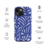 An iPhone encased in the "Mariposa Azul" by Statement Cases, featuring a blue design with an abstract white leaf pattern. The case combines curved and pointed shapes and provides dual-layer protection with TPU lining and impact-resistant polycarbonate. Camera lenses and other top elements remain unobstructed, and "Statement Cases" is inscribed at the bottom.