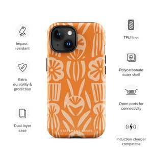 A Savannah Ardiente for iPhone from Statement Cases, featuring a dual-layered phone case in orange with a floral pattern showcasing cream-colored flowers, leaves, and geometric shapes. This impact-resistant polycarbonate case displays "STATEMENT CASES" at the bottom and reveals the camera lenses at the top left corner.