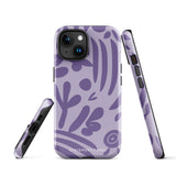 The Luna Morada for iPhone by Statement Cases is a durable phone case with a purple protective exterior featuring abstract dark purple and lavender patterns. The design includes geometric shapes and curves, giving it a modern artistic look. Made from impact-resistant polycarbonate, the lower part of the case prominently displays "STATEMENT CASES.