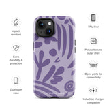 The Luna Morada for iPhone by Statement Cases is a durable phone case with a purple protective exterior featuring abstract dark purple and lavender patterns. The design includes geometric shapes and curves, giving it a modern artistic look. Made from impact-resistant polycarbonate, the lower part of the case prominently displays "STATEMENT CASES.