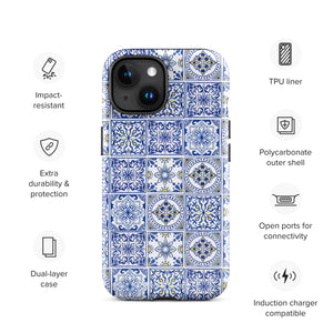 The Lisboa Azul for iPhone by Statement Cases is a smartphone adorned with a dual-layer protection phone case, featuring an intricate blue and white tile pattern. The design showcases various geometric and floral motifs, forming a visually appealing mosaic effect. The impact-resistant camera lenses and flash are prominently visible at the top left.