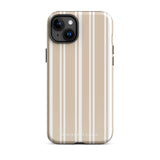 A beige and white striped, impact-resistant phone case for a smartphone. The Estate Stripe for iPhone features vertical stripes and dual-layer protection, designed to fit a phone with multiple camera lenses. The brand name "Statement Cases" is subtly printed at the bottom.