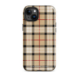 A Neutral Heritage Tartan for iPhone by Statement Cases with a plaid-patterned, impact-resistant polycarbonate case featuring beige, black, white, and red stripes. The durable phone case has the text "STATEMENT CASES" written at the bottom. The phone boasts a triple camera setup with an additional sensor and flash.