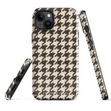 A Timeless Houndstooth for iPhone with a dual-camera system is encased in an impact-resistant polycarbonate, houndstooth-patterned case. The black and beige design features the brand name "Statement Cases" printed at the bottom, ensuring both style and dual-layer protection for your device.