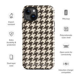 A Timeless Houndstooth for iPhone with a dual-camera system is encased in an impact-resistant polycarbonate, houndstooth-patterned case. The black and beige design features the brand name "Statement Cases" printed at the bottom, ensuring both style and dual-layer protection for your device.