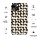 A Timeless Houndstooth for iPhone with a dual-camera system is encased in an impact-resistant polycarbonate, houndstooth-patterned case. The black and beige design features the brand name "Statement Cases" printed at the bottom, ensuring both style and dual-layer protection for your device.