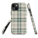 A smartphone with a beige and green plaid-patterned, impact-resistant polycarbonate case is shown. The phone’s rear camera lenses are prominently visible at the top left. The durable phone case features the words “Statement Cases” printed in small text at the bottom center. This is the Elegant Plaid for iPhone.