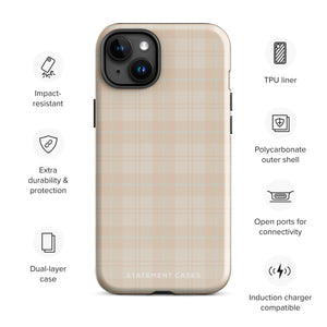 A smartphone with a plaid design case is displayed. The durable phone case features a beige and light brown checked pattern. The phone's camera lenses are visible at the top left corner. With dual-layer protection, the bottom of the impact-resistant polycarbonate Sophisticated Plaid for iPhone case reads "Statement Cases" in white.