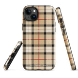 A Neutral Heritage Tartan for iPhone by Statement Cases with a plaid-patterned, impact-resistant polycarbonate case featuring beige, black, white, and red stripes. The durable phone case has the text "STATEMENT CASES" written at the bottom. The phone boasts a triple camera setup with an additional sensor and flash.