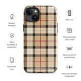 A Neutral Heritage Tartan for iPhone by Statement Cases with a plaid-patterned, impact-resistant polycarbonate case featuring beige, black, white, and red stripes. The durable phone case has the text "STATEMENT CASES" written at the bottom. The phone boasts a triple camera setup with an additional sensor and flash.