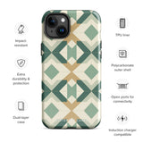 A Smartphone with a durable Old World Mosaic for iPhone case by Statement Cases showcasing a geometric pattern in shades of green, beige, and white. The symmetrical, angular designs create an almost star-like appearance. The impact-resistant polycarbonate construction ensures protection while the camera lenses remain visible at the top left corner.