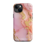 The Gold Blush Marble for iPhone showcases a glossy, marble-patterned case in shades of pink and gold. The decorative design features swirling patterns, seamlessly blending the colors. Crafted with impact-resistant polycarbonate for superior phone protection, "Statement Cases" is written in white at the bottom.