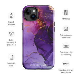 A Statement Cases Golden Orchid Marble for iPhone with a case featuring an abstract design of swirling purple, pink, and gold hues over a white background. The marbled patterns with metallic accents provide dual-layer protection and are impact-resistant. The top of the case has cutouts for the phone's camera lenses and is induction charging compatible.