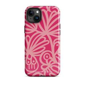 Introducing the Zafiro Rosa for iPhone by Statement Cases: a smartphone case featuring abstract floral and leaf patterns in various shades of pink. This dual-layer protection case combines an impact-resistant polycarbonate exterior with a TPU inner liner to ensure durability. The design showcases the brand name "Statement Cases" at the bottom, with precise cutouts revealing the phone’s camera lenses at the top left corner.