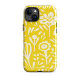 The Sol Dorado for iPhone by Statement Cases is a smartphone with a yellow case featuring a white, abstract floral and plant pattern. The camera lenses are prominent in the top left corner of the device. With dual-layer protection and impact-resistant TPU lining, "Statement Cases" is printed at the bottom of the case.