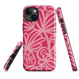 Introducing the Zafiro Rosa for iPhone by Statement Cases: a smartphone case featuring abstract floral and leaf patterns in various shades of pink. This dual-layer protection case combines an impact-resistant polycarbonate exterior with a TPU inner liner to ensure durability. The design showcases the brand name "Statement Cases" at the bottom, with precise cutouts revealing the phone’s camera lenses at the top left corner.