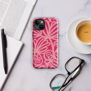 Introducing the Zafiro Rosa for iPhone by Statement Cases: a smartphone case featuring abstract floral and leaf patterns in various shades of pink. This dual-layer protection case combines an impact-resistant polycarbonate exterior with a TPU inner liner to ensure durability. The design showcases the brand name "Statement Cases" at the bottom, with precise cutouts revealing the phone’s camera lenses at the top left corner.