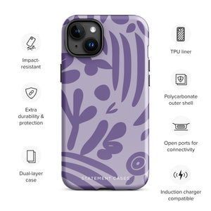 The Luna Morada for iPhone by Statement Cases is a durable phone case with a purple protective exterior featuring abstract dark purple and lavender patterns. The design includes geometric shapes and curves, giving it a modern artistic look. Made from impact-resistant polycarbonate, the lower part of the case prominently displays "STATEMENT CASES.