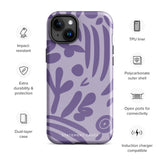 The Luna Morada for iPhone by Statement Cases is a durable phone case with a purple protective exterior featuring abstract dark purple and lavender patterns. The design includes geometric shapes and curves, giving it a modern artistic look. Made from impact-resistant polycarbonate, the lower part of the case prominently displays "STATEMENT CASES.