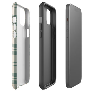 A smartphone with a beige and green plaid-patterned, impact-resistant polycarbonate case is shown. The phone’s rear camera lenses are prominently visible at the top left. The durable phone case features the words “Statement Cases” printed in small text at the bottom center. This is the Elegant Plaid for iPhone.