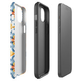 Statement Cases' Mediterranean Bloom for iPhone is showcased, featuring an intricate, colorful pattern. The design includes blue, yellow, and orange floral shapes in a symmetrical arrangement on a light blue background. This durable phone case provides dual-layer protection and is constructed from impact-resistant polycarbonate to safeguard your device.