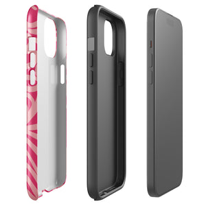 Introducing the Zafiro Rosa for iPhone by Statement Cases: a smartphone case featuring abstract floral and leaf patterns in various shades of pink. This dual-layer protection case combines an impact-resistant polycarbonate exterior with a TPU inner liner to ensure durability. The design showcases the brand name "Statement Cases" at the bottom, with precise cutouts revealing the phone’s camera lenses at the top left corner.