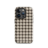 A Timeless Houndstooth for iPhone with a dual-camera system is encased in an impact-resistant polycarbonate, houndstooth-patterned case. The black and beige design features the brand name "Statement Cases" printed at the bottom, ensuring both style and dual-layer protection for your device.