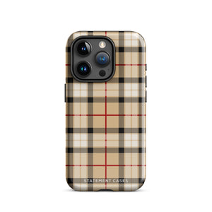 A Neutral Heritage Tartan for iPhone by Statement Cases with a plaid-patterned, impact-resistant polycarbonate case featuring beige, black, white, and red stripes. The durable phone case has the text "STATEMENT CASES" written at the bottom. The phone boasts a triple camera setup with an additional sensor and flash.