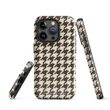 A Timeless Houndstooth for iPhone with a dual-camera system is encased in an impact-resistant polycarbonate, houndstooth-patterned case. The black and beige design features the brand name "Statement Cases" printed at the bottom, ensuring both style and dual-layer protection for your device.