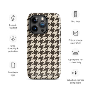 A Timeless Houndstooth for iPhone with a dual-camera system is encased in an impact-resistant polycarbonate, houndstooth-patterned case. The black and beige design features the brand name "Statement Cases" printed at the bottom, ensuring both style and dual-layer protection for your device.