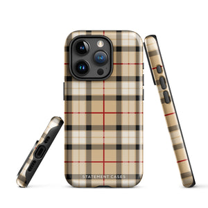 A Neutral Heritage Tartan for iPhone by Statement Cases with a plaid-patterned, impact-resistant polycarbonate case featuring beige, black, white, and red stripes. The durable phone case has the text "STATEMENT CASES" written at the bottom. The phone boasts a triple camera setup with an additional sensor and flash.