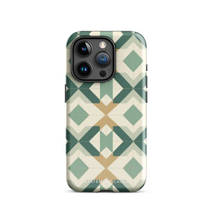 A Smartphone with a durable Old World Mosaic for iPhone case by Statement Cases showcasing a geometric pattern in shades of green, beige, and white. The symmetrical, angular designs create an almost star-like appearance. The impact-resistant polycarbonate construction ensures protection while the camera lenses remain visible at the top left corner.