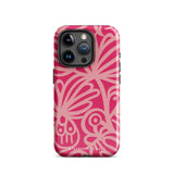 Introducing the Zafiro Rosa for iPhone by Statement Cases: a smartphone case featuring abstract floral and leaf patterns in various shades of pink. This dual-layer protection case combines an impact-resistant polycarbonate exterior with a TPU inner liner to ensure durability. The design showcases the brand name "Statement Cases" at the bottom, with precise cutouts revealing the phone’s camera lenses at the top left corner.