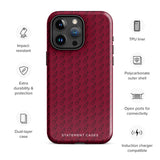 A protective iPhone case with a maroon background and a repeating pattern of small eyeglasses. Designed for the iPhone 15 Pro Max, the camera and buttons of the phone are visible. The bottom of the case features the text "Rockstar Red for iPhone" in white from Statement Cases.