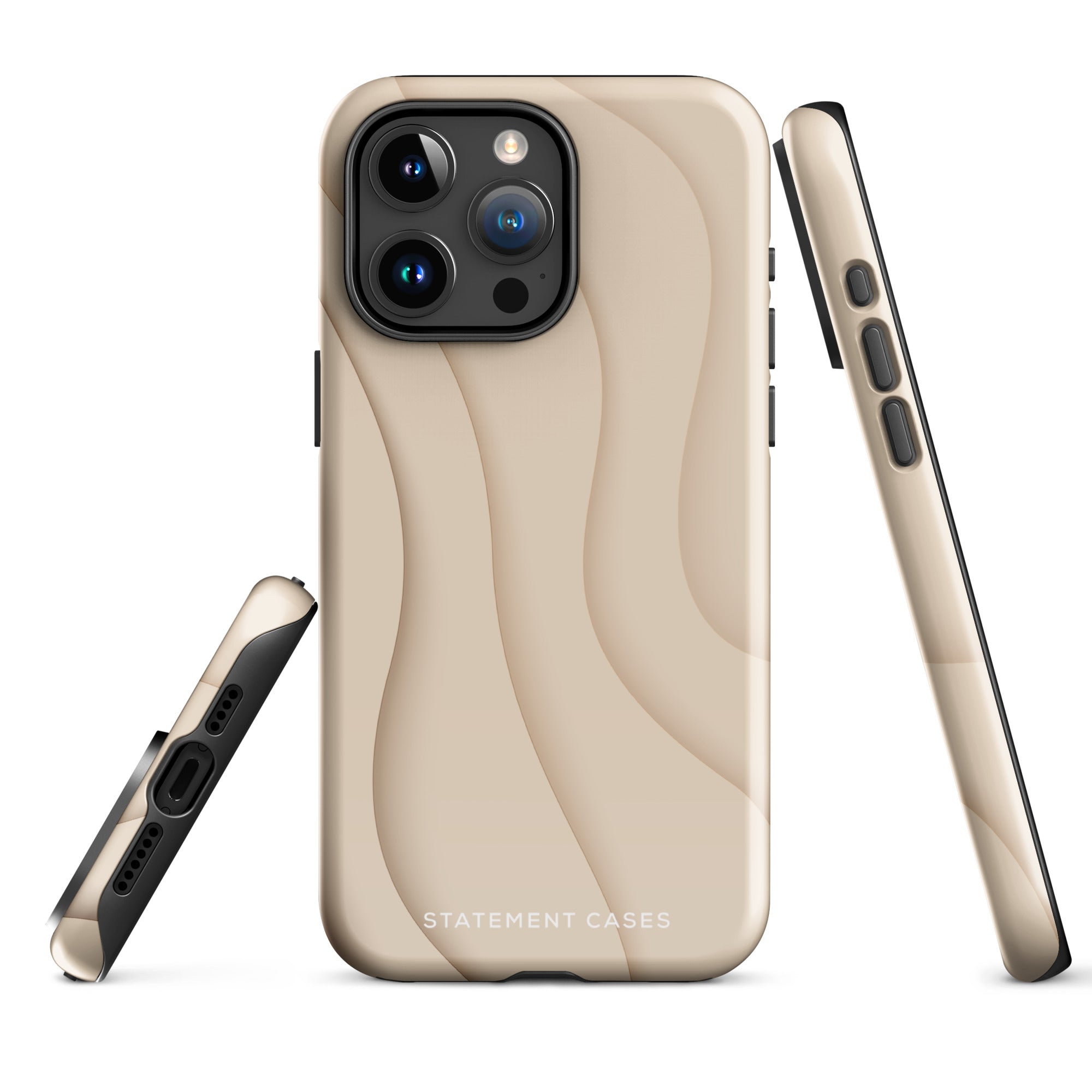 A beige protective iPhone case with abstract, wavy design patterns and the brand name "Statement Cases" printed at the bottom. The Sandy Serenity for iPhone 15 Pro Max case is shown on the back of a phone with multiple camera lenses and a metallic frame.