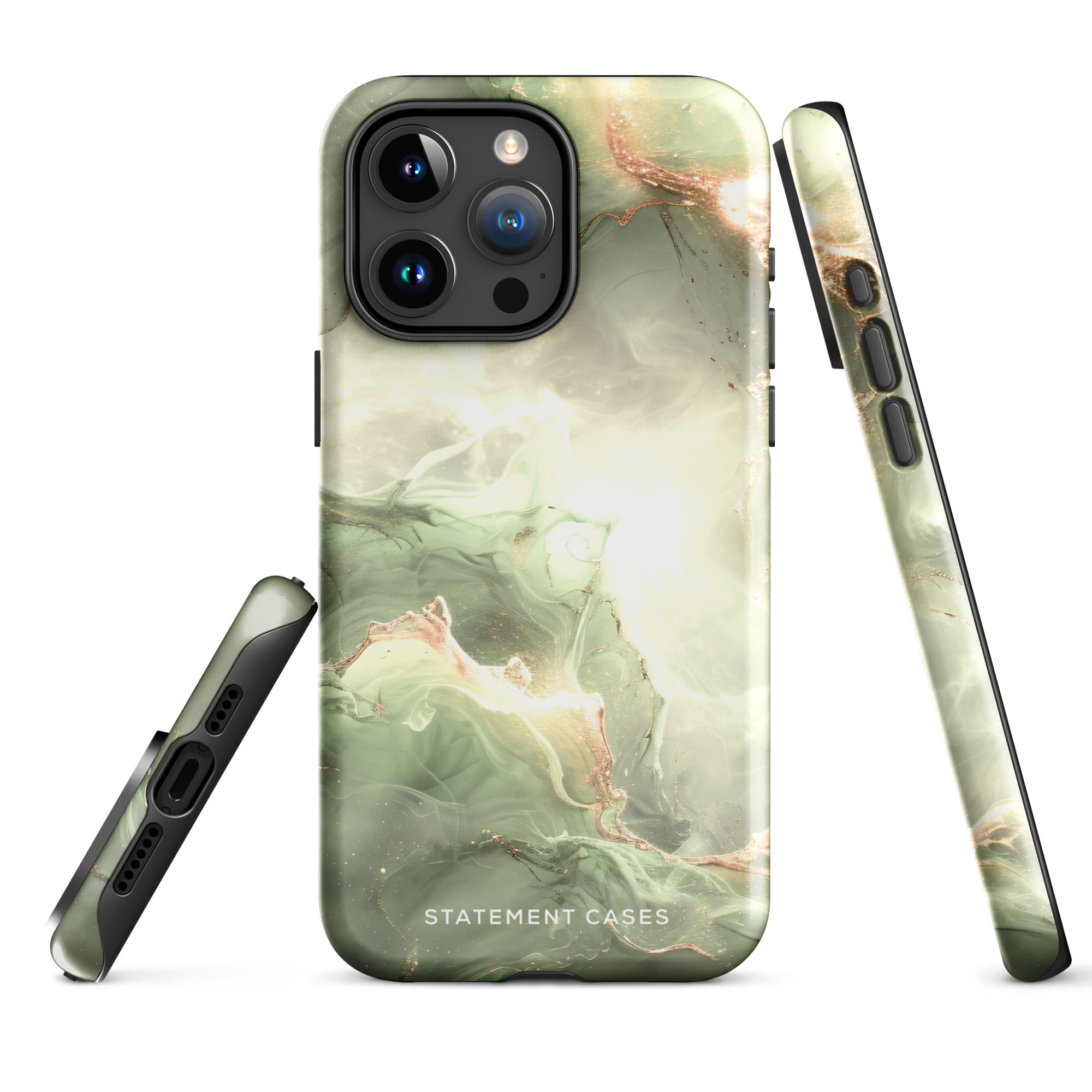 A Sleek Sage for iPhone with a marble-patterned case in shades of green, white, and gold. The protective case is branded with "Statement Cases" written at the bottom. Compatible with the iPhone 15 Pro Max, the phone's camera lens is prominent in the upper left corner.