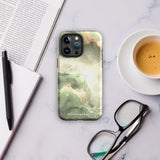 A Sleek Sage for iPhone with a marble-patterned case in shades of green, white, and gold. The protective case is branded with "Statement Cases" written at the bottom. Compatible with the iPhone 15 Pro Max, the phone's camera lens is prominent in the upper left corner.