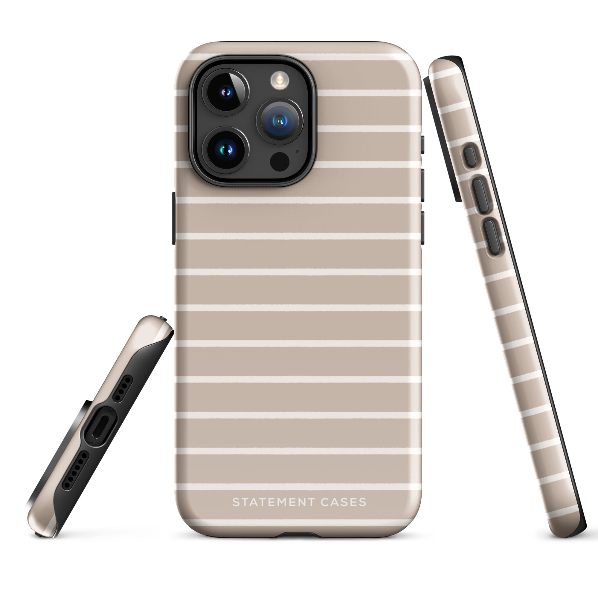 A beige and white striped phone case shown from three angles: front view displaying the camera cutout, side view showing the volume and lock buttons, and bottom view displaying the charging port and speaker openings. This durable dual-layered case, branded "Au Naturale for iPhone" by Statement Cases, ensures top-notch protection.