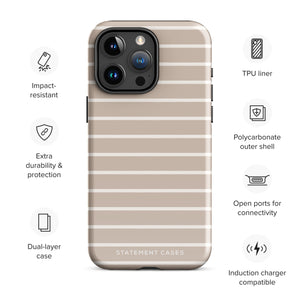 A durable dual-layered case with horizontal beige and white stripes is displayed. The Au Naturale for iPhone by Statement Cases features a TPU liner, impact-resistant polycarbonate outer shell, extra durability, open ports for connectivity, and is induction charger compatible.