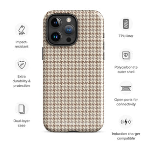 A smartphone with a brown and beige houndstooth-patterned case is shown from the back. The impact-resistant, dual-layered Classic Houndstooth for iPhone by Statement Cases protects the phone's body and leaves openings for the camera lenses and flash. The hues give the case a stylish and sophisticated appearance.