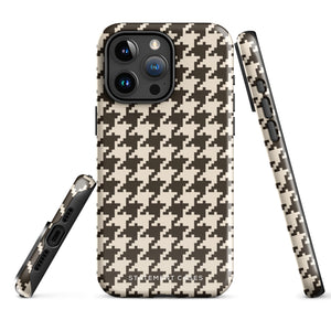 A Timeless Houndstooth for iPhone with a dual-camera system is encased in an impact-resistant polycarbonate, houndstooth-patterned case. The black and beige design features the brand name "Statement Cases" printed at the bottom, ensuring both style and dual-layer protection for your device.