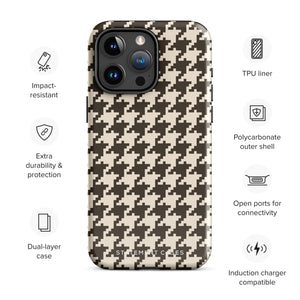 A Timeless Houndstooth for iPhone with a dual-camera system is encased in an impact-resistant polycarbonate, houndstooth-patterned case. The black and beige design features the brand name "Statement Cases" printed at the bottom, ensuring both style and dual-layer protection for your device.