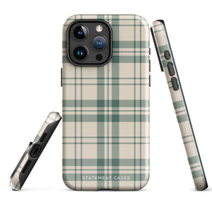 A smartphone with a beige and green plaid-patterned, impact-resistant polycarbonate case is shown. The phone’s rear camera lenses are prominently visible at the top left. The durable phone case features the words “Statement Cases” printed in small text at the bottom center. This is the Elegant Plaid for iPhone.