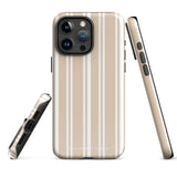 A beige and white striped, impact-resistant phone case for a smartphone. The Estate Stripe for iPhone features vertical stripes and dual-layer protection, designed to fit a phone with multiple camera lenses. The brand name "Statement Cases" is subtly printed at the bottom.